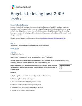 Engelsk fellesfag høst 2009 - Oppgave 1 +2 “Here is a really Conservative idea: learn poetry"
